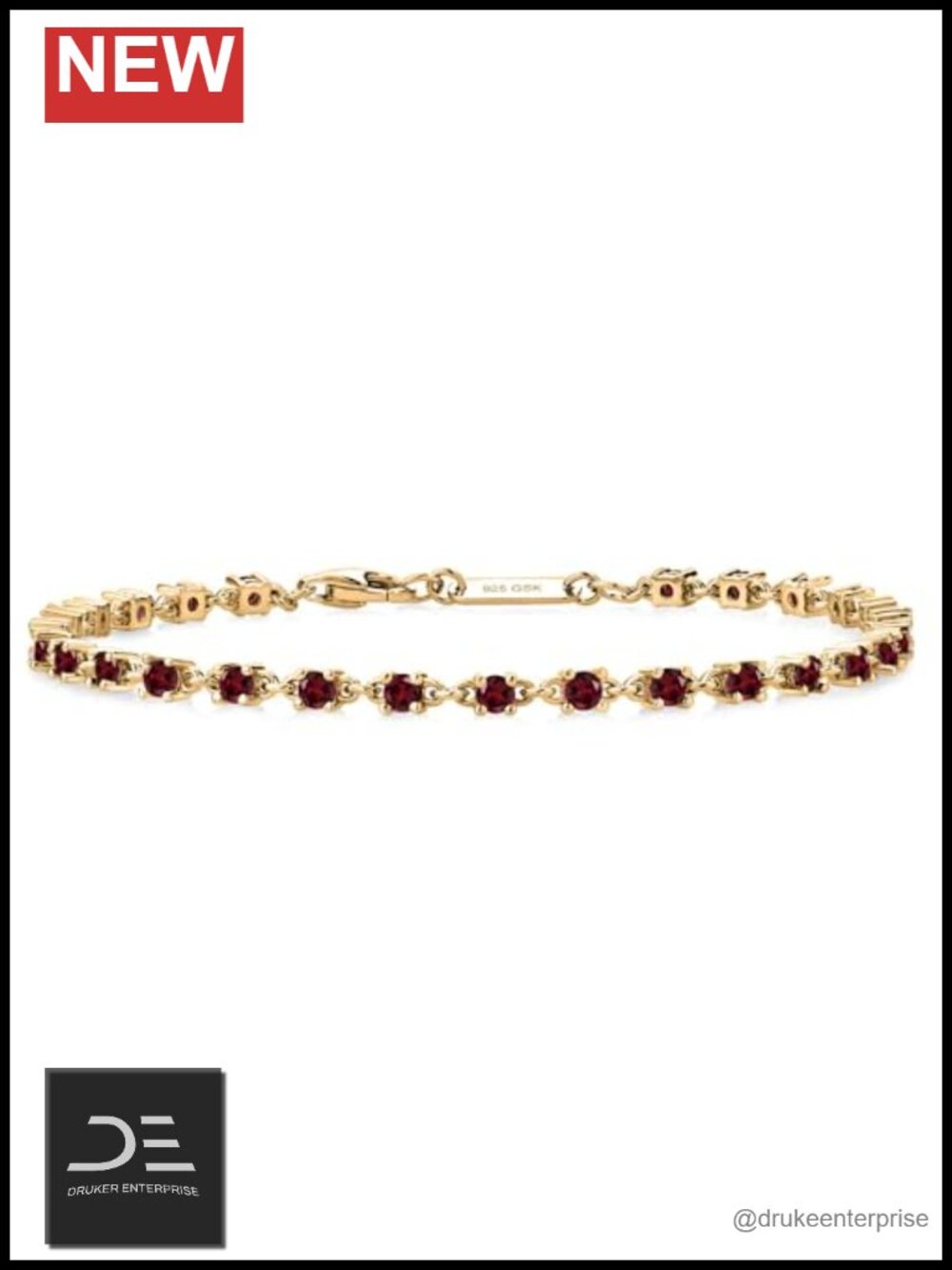 Tennis Bracelet Real Garnet Sterling Silver Yellow Gold Plated Gift (Note: